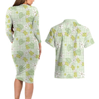 Hawaii Anthurium Tiare Pikake Lei Couples Matching Long Sleeve Bodycon Dress and Hawaiian Shirt Sage Green Lauhala Art Pattern LT01 - Polynesian Pride