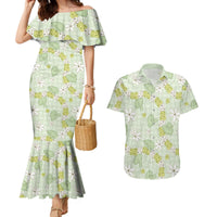 Hawaii Anthurium Tiare Pikake Lei Couples Matching Mermaid Dress and Hawaiian Shirt Sage Green Lauhala Art Pattern LT01 Green - Polynesian Pride