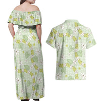 Hawaii Anthurium Tiare Pikake Lei Couples Matching Off Shoulder Maxi Dress and Hawaiian Shirt Sage Green Lauhala Art Pattern LT01 - Polynesian Pride