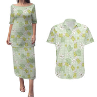 Hawaii Anthurium Tiare Pikake Lei Couples Matching Puletasi and Hawaiian Shirt Sage Green Lauhala Art Pattern