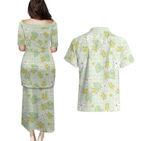 Hawaii Anthurium Tiare Pikake Lei Couples Matching Puletasi and Hawaiian Shirt Sage Green Lauhala Art Pattern