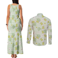 Hawaii Anthurium Tiare Pikake Lei Couples Matching Tank Maxi Dress and Long Sleeve Button Shirt Sage Green Lauhala Art Pattern LT01 - Polynesian Pride
