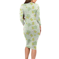 Hawaii Anthurium Tiare Pikake Lei Family Matching Long Sleeve Bodycon Dress and Hawaiian Shirt Sage Green Lauhala Art Pattern LT01 - Polynesian Pride