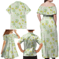 Hawaii Anthurium Tiare Pikake Lei Family Matching Off Shoulder Maxi Dress and Hawaiian Shirt Sage Green Lauhala Art Pattern LT01 - Polynesian Pride