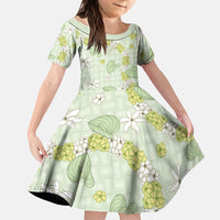 Hawaii Anthurium Tiare Pikake Lei Family Matching Short Sleeve Bodycon Dress and Hawaiian Shirt Sage Green Lauhala Art Pattern LT01 Daughter's Dress Green - Polynesian Pride