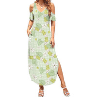 Hawaii Anthurium Tiare Pikake Lei Family Matching Summer Maxi Dress and Hawaiian Shirt Sage Green Lauhala Art Pattern LT01 Mom's Dress Green - Polynesian Pride