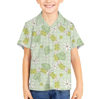 Hawaii Anthurium Tiare Pikake Lei Family Matching Tank Maxi Dress and Hawaiian Shirt Sage Green Lauhala Art Pattern LT01 Son's Shirt Green - Polynesian Pride