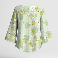 Hawaii Anthurium Tiare Pikake Lei Kimono Sleeve Blouse Sage Green Lauhala Art Pattern