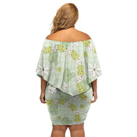 Hawaii Anthurium Tiare Pikake Lei Off Shoulder Short Dress Sage Green Lauhala Art Pattern