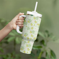 Hawaii Anthurium Tiare Pikake Lei Tumbler With Handle Sage Green Lauhala Art Pattern