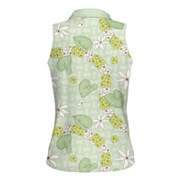 Hawaii Anthurium Tiare Pikake Lei Women Sleeveless Polo Shirt Sage Green Lauhala Art Pattern