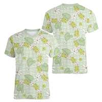 Hawaii Anthurium Tiare Pikake Lei Women V-Neck T-Shirt Sage Green Lauhala Art Pattern