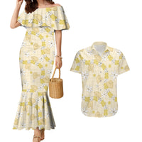 Hawaii Anthurium Tiare Pikake Lei Couples Matching Mermaid Dress and Hawaiian Shirt Melemele Lauhala Art Pattern LT01 Yellow - Polynesian Pride