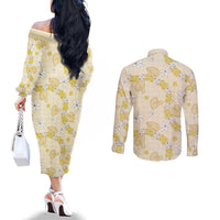 Hawaii Anthurium Tiare Pikake Lei Couples Matching Off The Shoulder Long Sleeve Dress and Long Sleeve Button Shirt Melemele Lauhala Art Pattern LT01 - Polynesian Pride