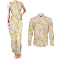 Hawaii Anthurium Tiare Pikake Lei Couples Matching Tank Maxi Dress and Long Sleeve Button Shirt Melemele Lauhala Art Pattern LT01 Yellow - Polynesian Pride
