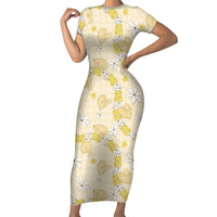 Hawaii Anthurium Tiare Pikake Lei Family Matching Short Sleeve Bodycon Dress and Hawaiian Shirt Melemele Lauhala Art Pattern LT01 Mom's Dress Yellow - Polynesian Pride