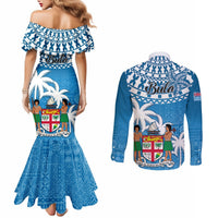 Fiji Couples Matching Mermaid Dress and Long Sleeve Button Shirts Bula Fijian Tapa Pattern LT01 - Polynesian Pride