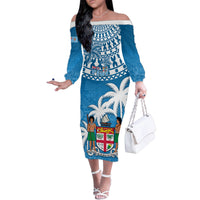 Fiji Family Matching Off Shoulder Long Sleeve Dress and Hawaiian Shirt Bula Fijian Tapa Pattern LT01 Mom's Dress Blue - Polynesian Pride