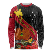 Personalised Papua New Guinea Long Sleeve Shirt Bird Of Paradise With Tropical Flower LT01 Unisex Black - Polynesian Pride
