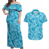 Tahiti Ninamu Tiare Floral Couples Matching Off Shoulder Maxi Dress and Hawaiian Shirt Monstera Palm Tropical Leaves LT01 Blue - Polynesian Pride