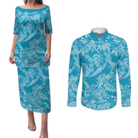 Tahiti Ninamu Tiare Floral Couples Matching Puletasi and Long Sleeve Button Shirt Monstera Palm Tropical Leaves LT01 Blue - Polynesian Pride