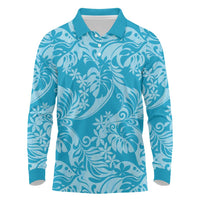 Tahiti Ninamu Tiare Floral Long Sleeve Polo Shirt Monstera Palm Tropical Leaves LT01 Blue - Polynesian Pride