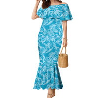 Tahiti Ninamu Tiare Floral Mermaid Dress Monstera Palm Tropical Leaves LT01 Women Blue - Polynesian Pride