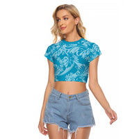 Tahiti Ninamu Tiare Floral Raglan Cropped T Shirt Monstera Palm Tropical Leaves LT01 Female Blue - Polynesian Pride