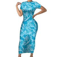 Tahiti Ninamu Tiare Floral Short Sleeve Bodycon Dress Monstera Palm Tropical Leaves LT01 Long Dress Blue - Polynesian Pride