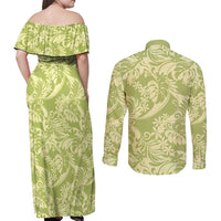 Tahiti Olive Tiare Floral Couples Matching Off Shoulder Maxi Dress and Long Sleeve Button Shirt Monstera Palm Tropical Leaves LT01 - Polynesian Pride