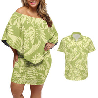Tahiti Olive Tiare Floral Couples Matching Off Shoulder Short Dress and Hawaiian Shirt Monstera Palm Tropical Leaves LT01 Olive - Polynesian Pride