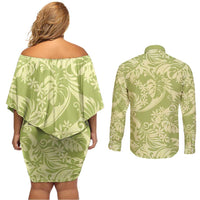 Tahiti Olive Tiare Floral Couples Matching Off Shoulder Short Dress and Long Sleeve Button Shirt Monstera Palm Tropical Leaves LT01 - Polynesian Pride
