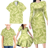 Tahiti Olive Tiare Floral Family Matching Long Sleeve Bodycon Dress and Hawaiian Shirt Monstera Palm Tropical Leaves LT01 - Polynesian Pride