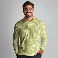 Tahiti Olive Tiare Floral Long Sleeve Polo Shirt Monstera Palm Tropical Leaves LT01 - Polynesian Pride