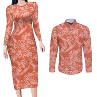 Tahiti Puatou Tiare Floral Couples Matching Long Sleeve Bodycon Dress and Long Sleeve Button Shirt Monstera Palm Tropical Leaves LT01 Orange - Polynesian Pride