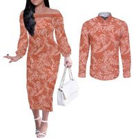 Tahiti Puatou Tiare Floral Couples Matching Off The Shoulder Long Sleeve Dress and Long Sleeve Button Shirt Monstera Palm Tropical Leaves LT01 Orange - Polynesian Pride