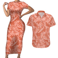 Tahiti Puatou Tiare Floral Couples Matching Short Sleeve Bodycon Dress and Hawaiian Shirt Monstera Palm Tropical Leaves LT01 Orange - Polynesian Pride