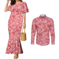 Tahiti Tarona Tiare Floral Couples Matching Mermaid Dress and Long Sleeve Button Shirt Monstera Palm Tropical Leaves LT01 Pink - Polynesian Pride