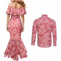 Tahiti Tarona Tiare Floral Couples Matching Mermaid Dress and Long Sleeve Button Shirt Monstera Palm Tropical Leaves LT01 - Polynesian Pride