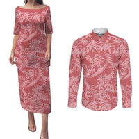 Tahiti Tarona Tiare Floral Couples Matching Puletasi and Long Sleeve Button Shirt Monstera Palm Tropical Leaves LT01 Pink - Polynesian Pride