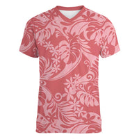 Tahiti Tarona Tiare Floral Women V-Neck T-Shirt Monstera Palm Tropical Leaves LT01 Female Pink - Polynesian Pride
