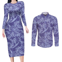 Tahiti Vareau Tiare Floral Couples Matching Long Sleeve Bodycon Dress and Long Sleeve Button Shirt Monstera Palm Tropical Leaves LT01 Purple - Polynesian Pride