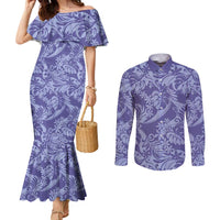 Tahiti Vareau Tiare Floral Couples Matching Mermaid Dress and Long Sleeve Button Shirt Monstera Palm Tropical Leaves LT01 Purple - Polynesian Pride