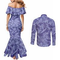 Tahiti Vareau Tiare Floral Couples Matching Mermaid Dress and Long Sleeve Button Shirt Monstera Palm Tropical Leaves LT01 - Polynesian Pride