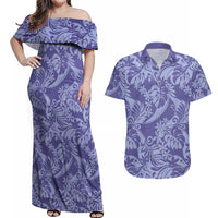 Tahiti Vareau Tiare Floral Couples Matching Off Shoulder Maxi Dress and Hawaiian Shirt Monstera Palm Tropical Leaves LT01 Purple - Polynesian Pride