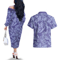 Tahiti Vareau Tiare Floral Couples Matching Off The Shoulder Long Sleeve Dress and Hawaiian Shirt Monstera Palm Tropical Leaves LT01 - Polynesian Pride
