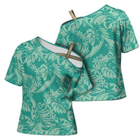 Tahiti Teal Tiare Floral Cross Shoulder Shirt Monstera Palm Tropical Leaves LT01 - Polynesian Pride