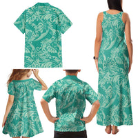 Tahiti Teal Tiare Floral Family Matching Tank Maxi Dress and Hawaiian Shirt Monstera Palm Tropical Leaves LT01 - Polynesian Pride