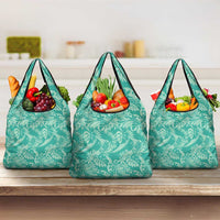 Tahiti Teal Tiare Floral Grocery Bag Monstera Palm Tropical Leaves - Polynesian Pride