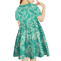 Tahiti Teal Tiare Floral Kid Short Sleeve Dress Monstera Palm Tropical Leaves LT01 - Polynesian Pride
